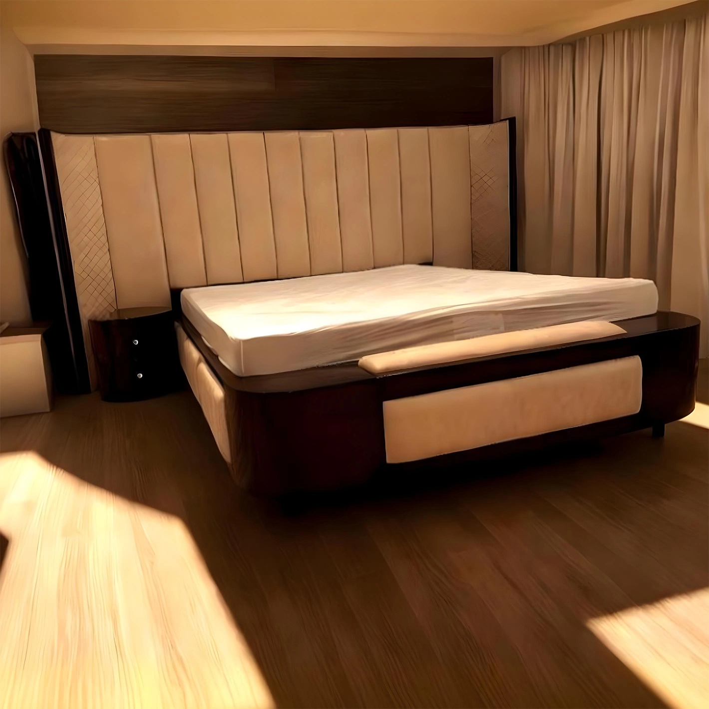 Modern Cream Upholstered Bed with Extended Headboard & Bench